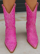 Hot Pink Rhinestone Pointy Chunky Heeled Western Cowgirl Ankle Boots